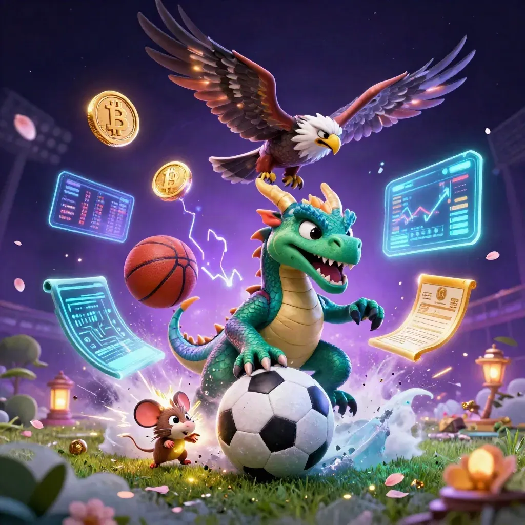 Thunder dragon, hawk and mouse amid balls, coins, sparks and neon storm light.