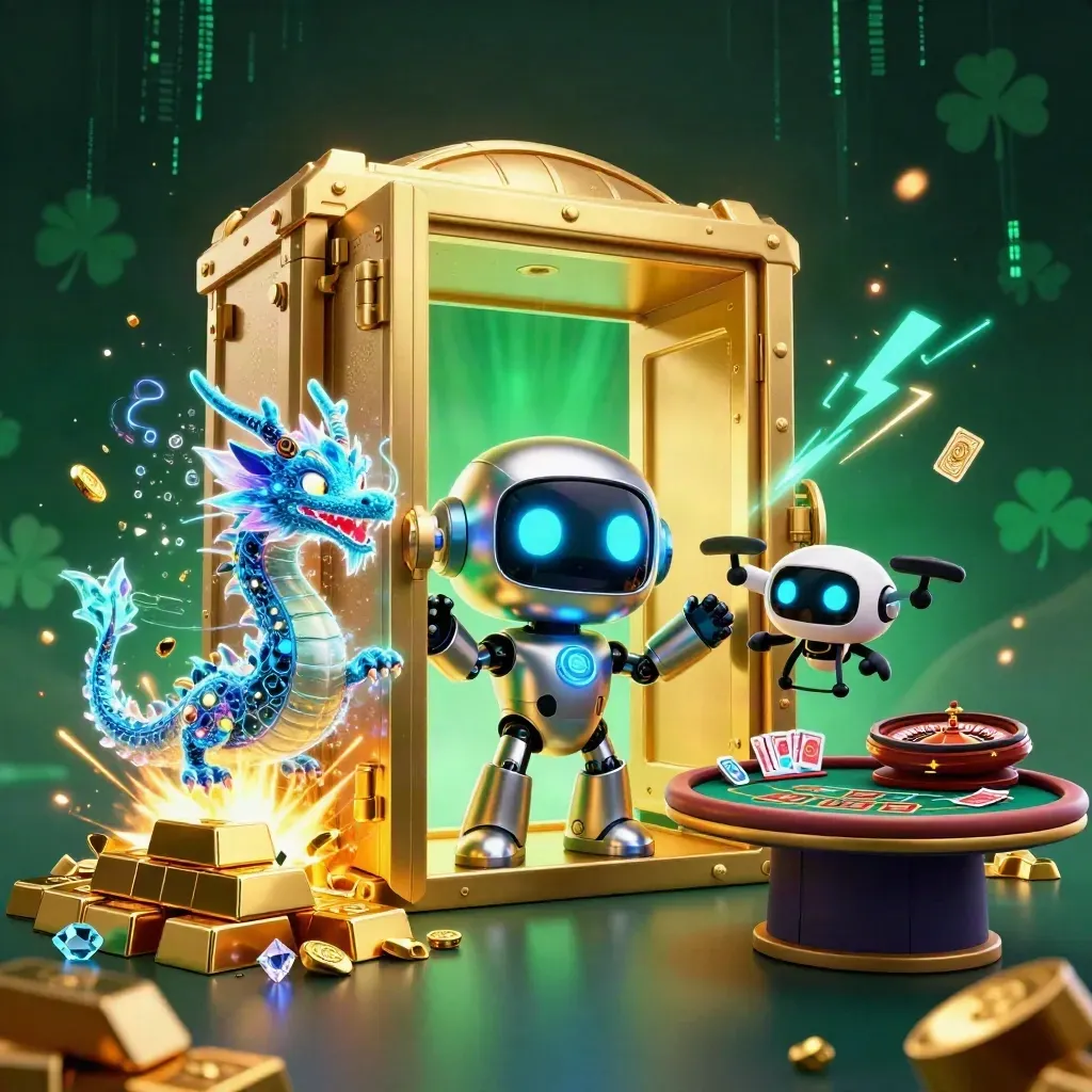 Cyberpunk robot, holographic dragon and coin drone amid vault gold, roulette wheel and neon casino glow