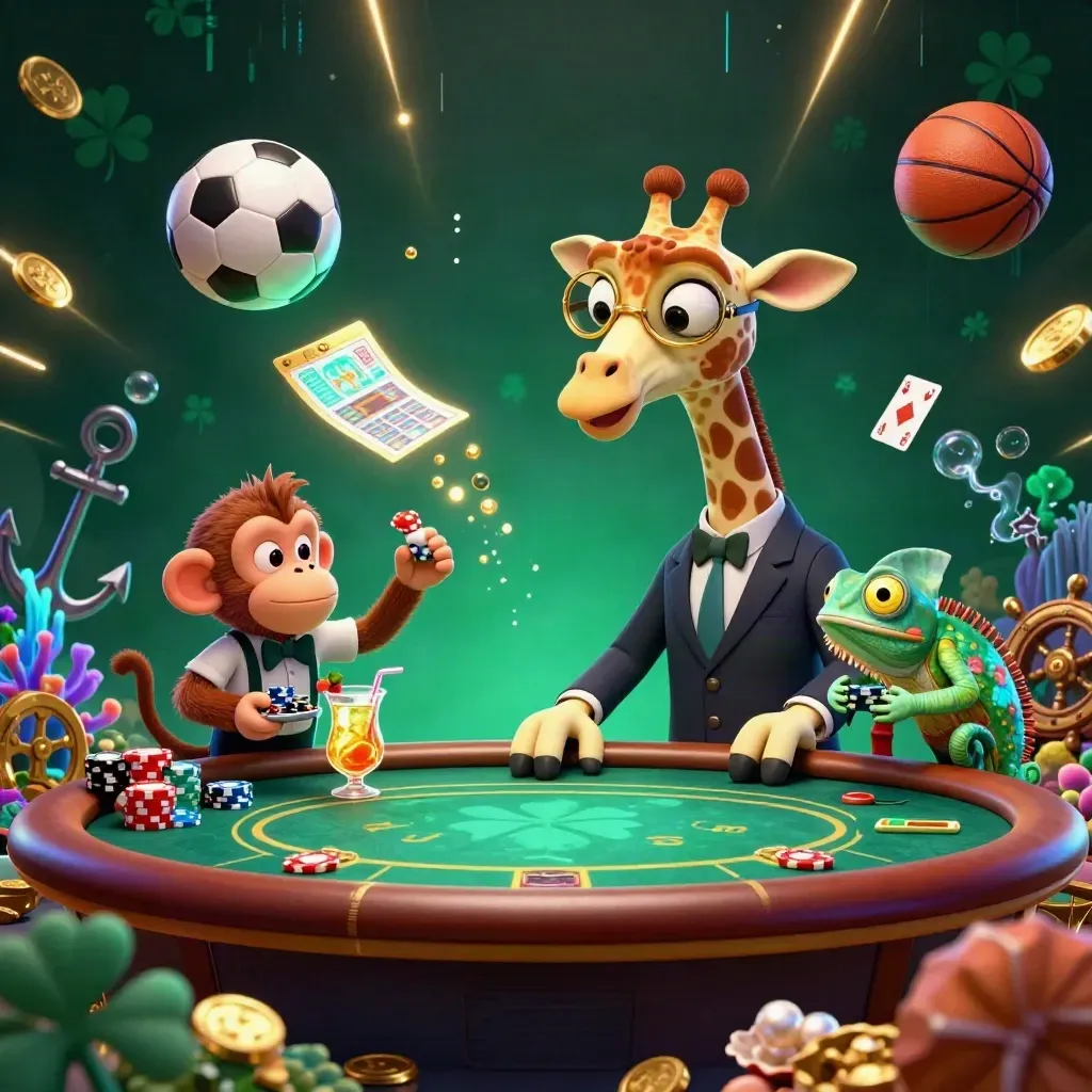 Giraffe, monkey, and chameleon in a neon casino treasure cove with sports balls and gold coins