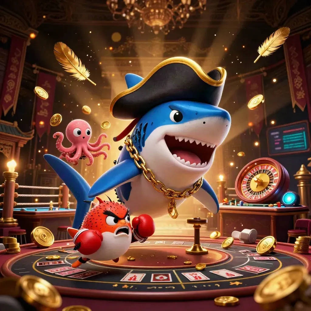 Shark pirate, pufferfish, and octopus amid casino treasure, neon glow, and temple gate