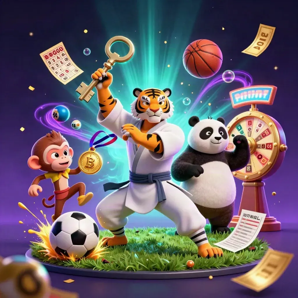 Kung-fu tiger, panda, and monkey amid flying casino tokens, balls, and neon energy on a dark purple field.