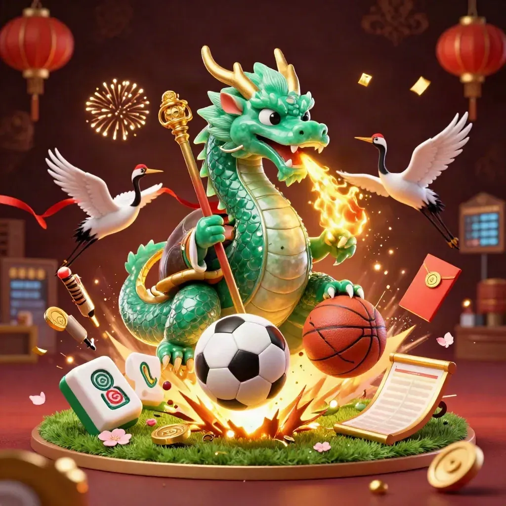 Jade dragon, turtle sage and cranes burst amid casino sports icons and glowing gold fire.