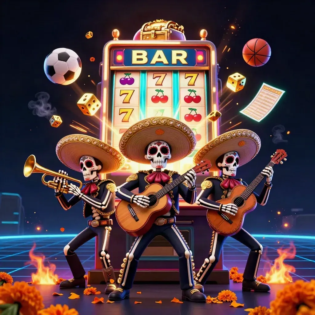 Skeleton mariachi trio amid exploding slot machine, gold, sports balls and neon casino glow