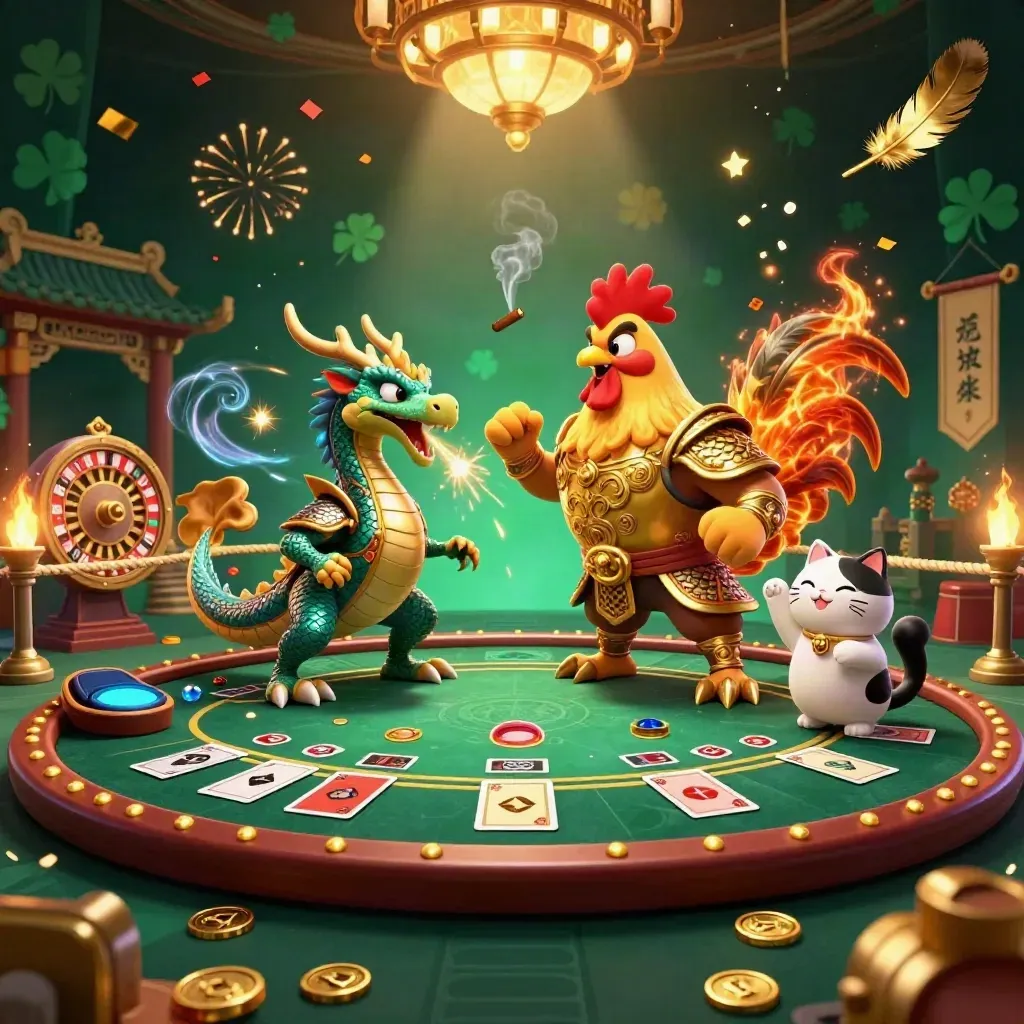Rooster samurai, spark-breathing dragon hatchling, and fortune cat in neon casino chaos.