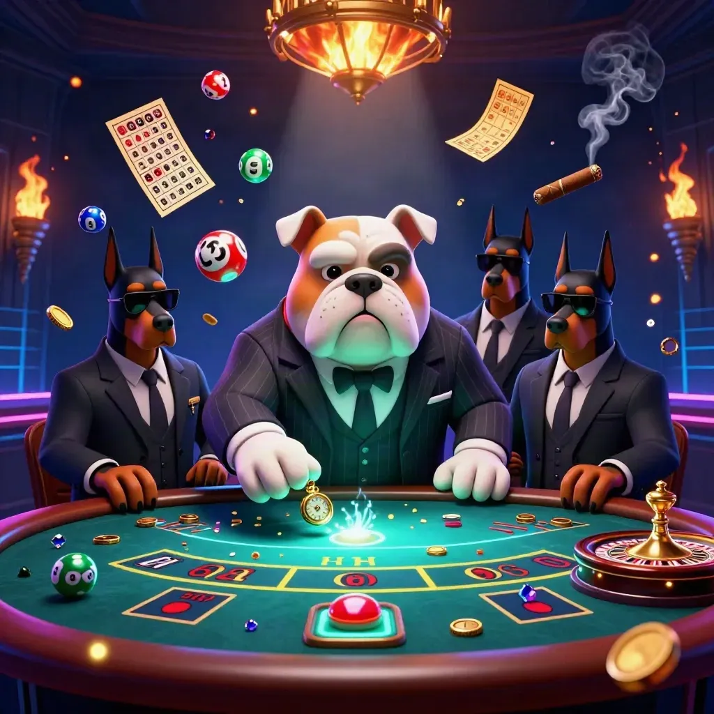 Bulldog boss and Dobermans in a neon casino room with spinning game props and torchlight