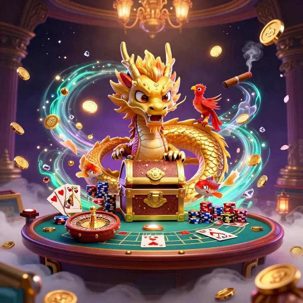 Golden dragon, phoenix, koi, roulette spin, coins, gems, and casino glow in a luxe fantasy scene.