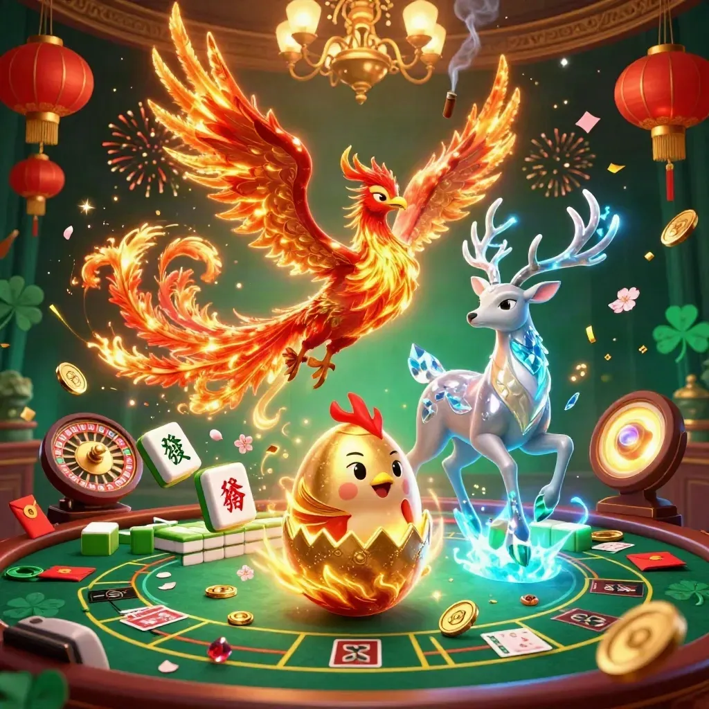 Phoenix, hatching chick, and stag amid casino luxe, lanterns, coins, and a spinning roulette wheel.