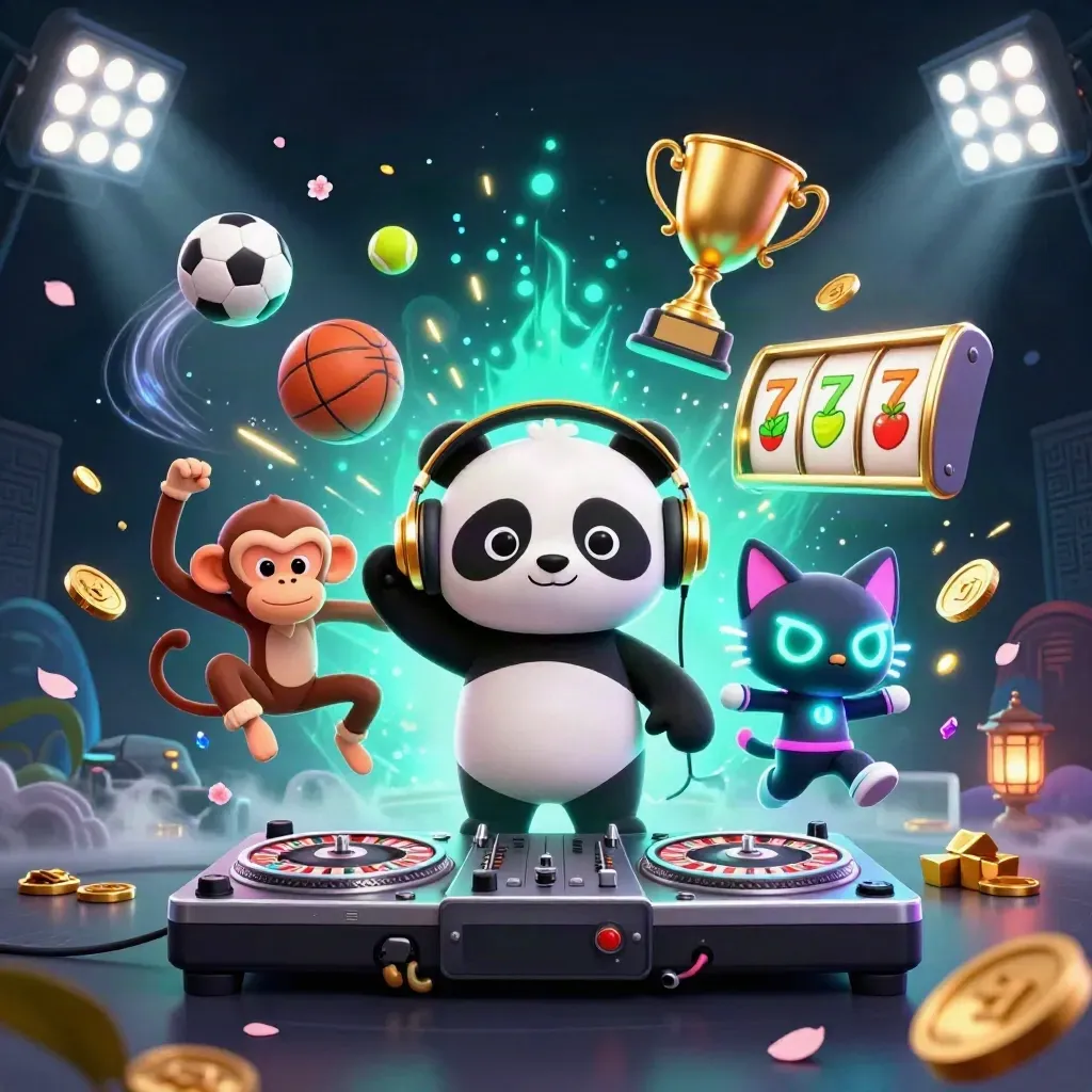 DJ panda, breakdancing monkey, and glow-stick kitten amid casino sports chaos and neon treasure.