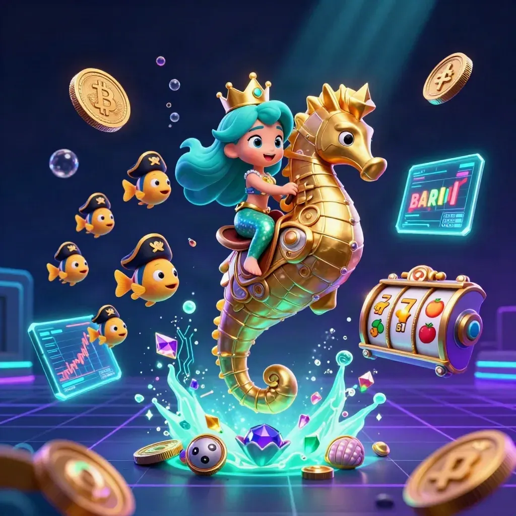 Mermaid princess on armored seahorse with fish pirates, coins, lightning and neon underwater casino glow.