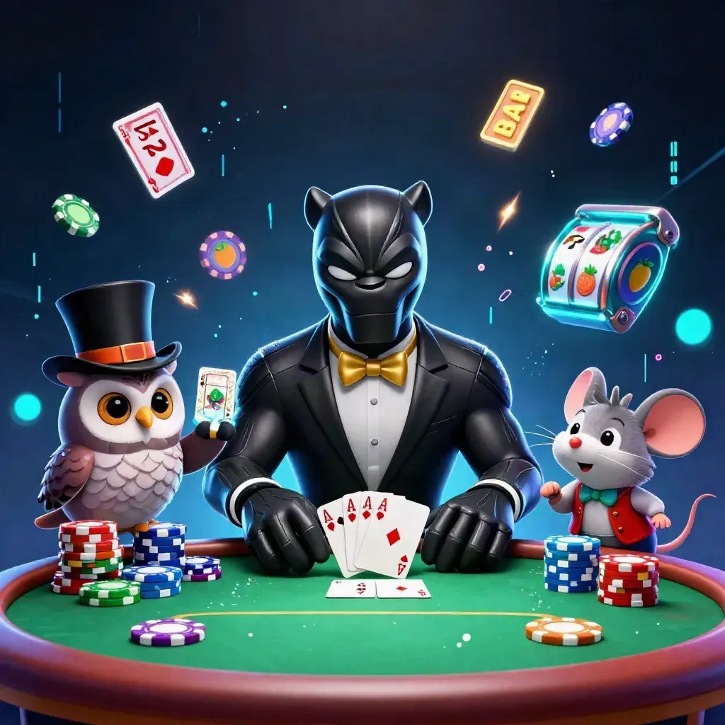 Panther, owl, and mouse amid chips, cards, neon casino effects, and slot reels