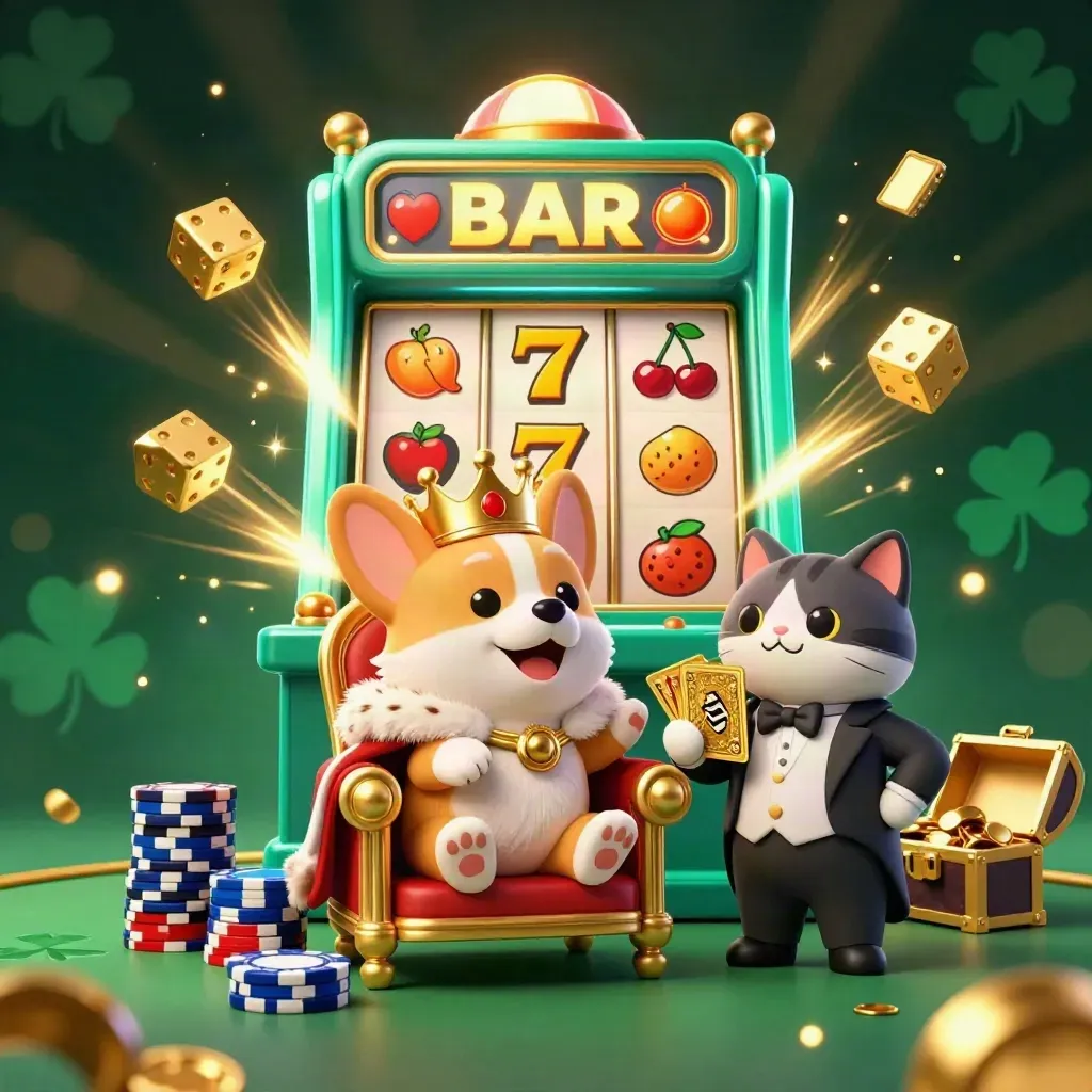 Royal corgi and cat butler amid exploding slot symbols, gold, and teal casino glow.