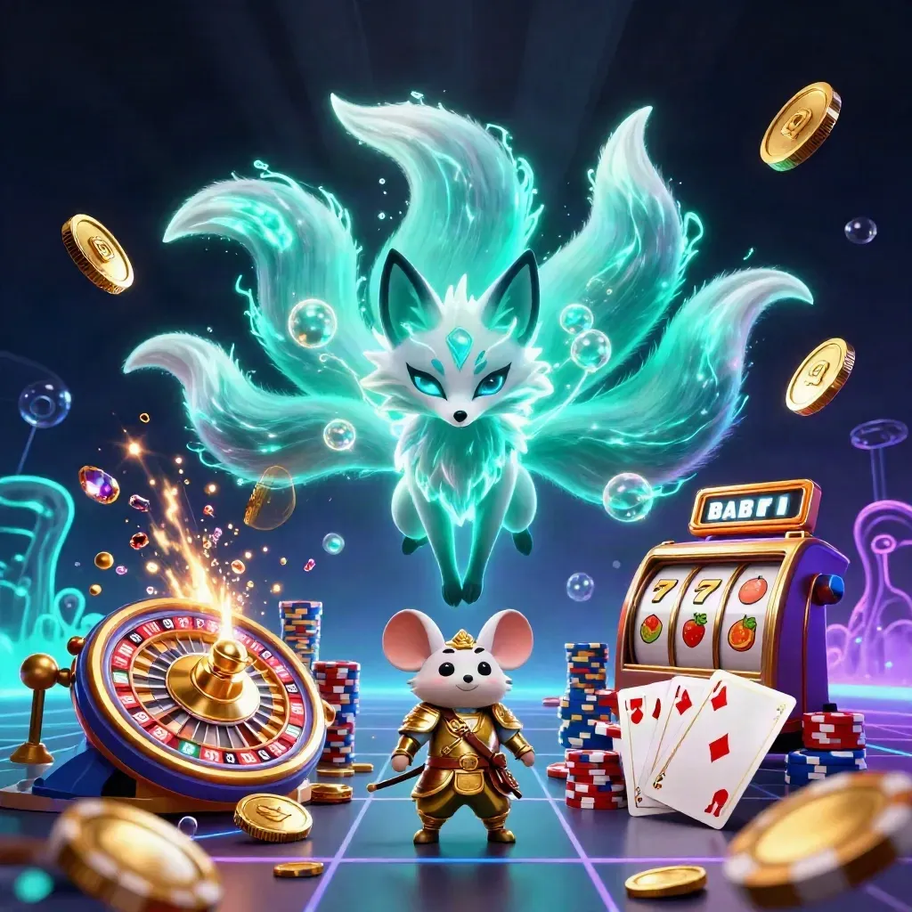 Neon fox spirit and armored mouse amid casino loot, teal glow, roulette wheel, cards, and chips