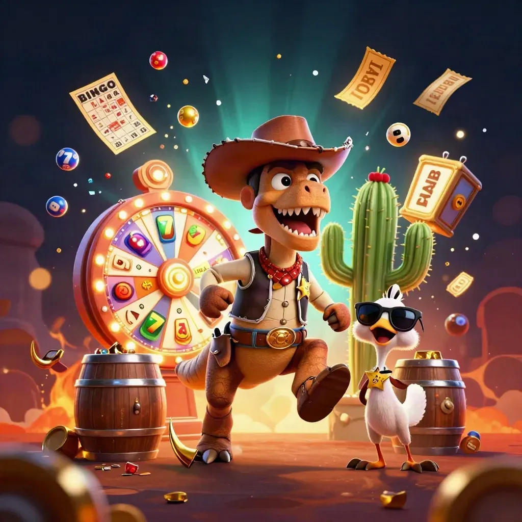 Cowboy T-Rex, cactus sidekick, and roadrunner amid casino bursts and glowing treasure