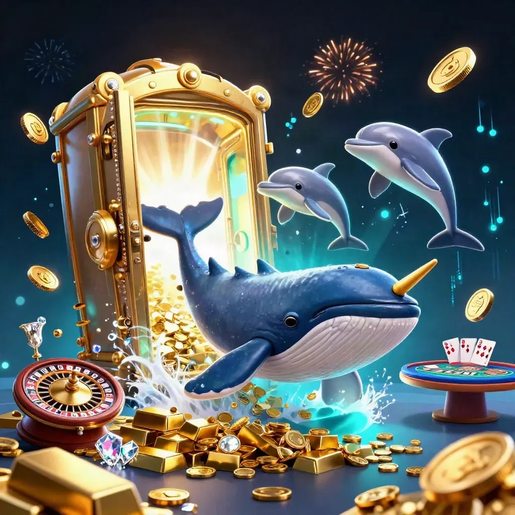 Cartoon whale captain and sea creatures burst from coins beside a glowing vault and casino chips.