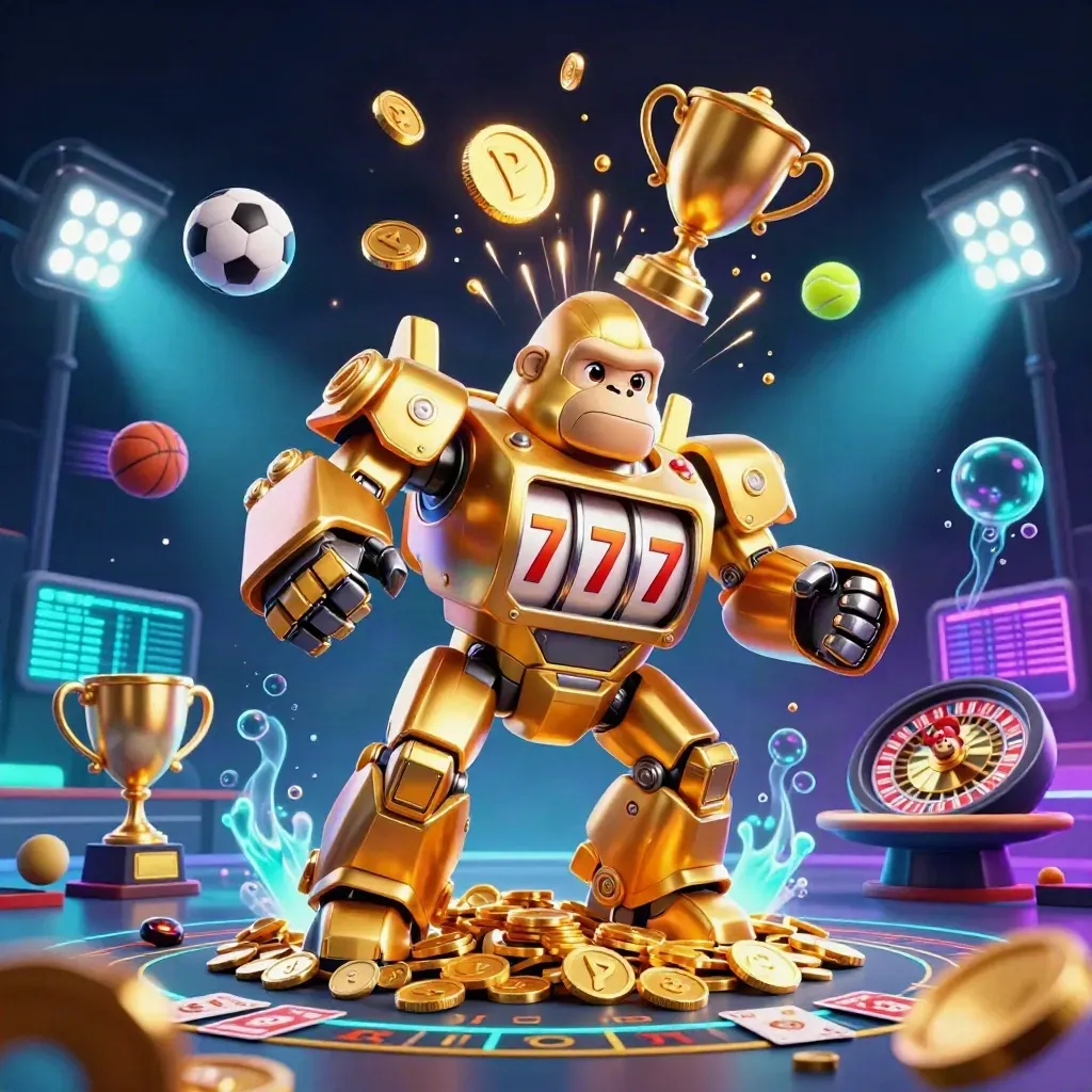 Golden gorilla slot mech with monkey pilot, coins, sports balls, neon casino lights