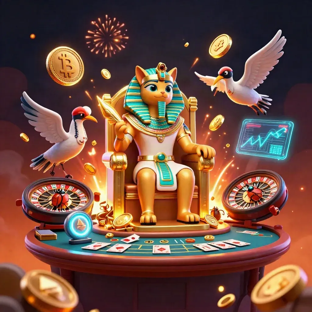Pharaoh cat, ibis scribe, and scarab beetles amid coins, reels, and casino glow.