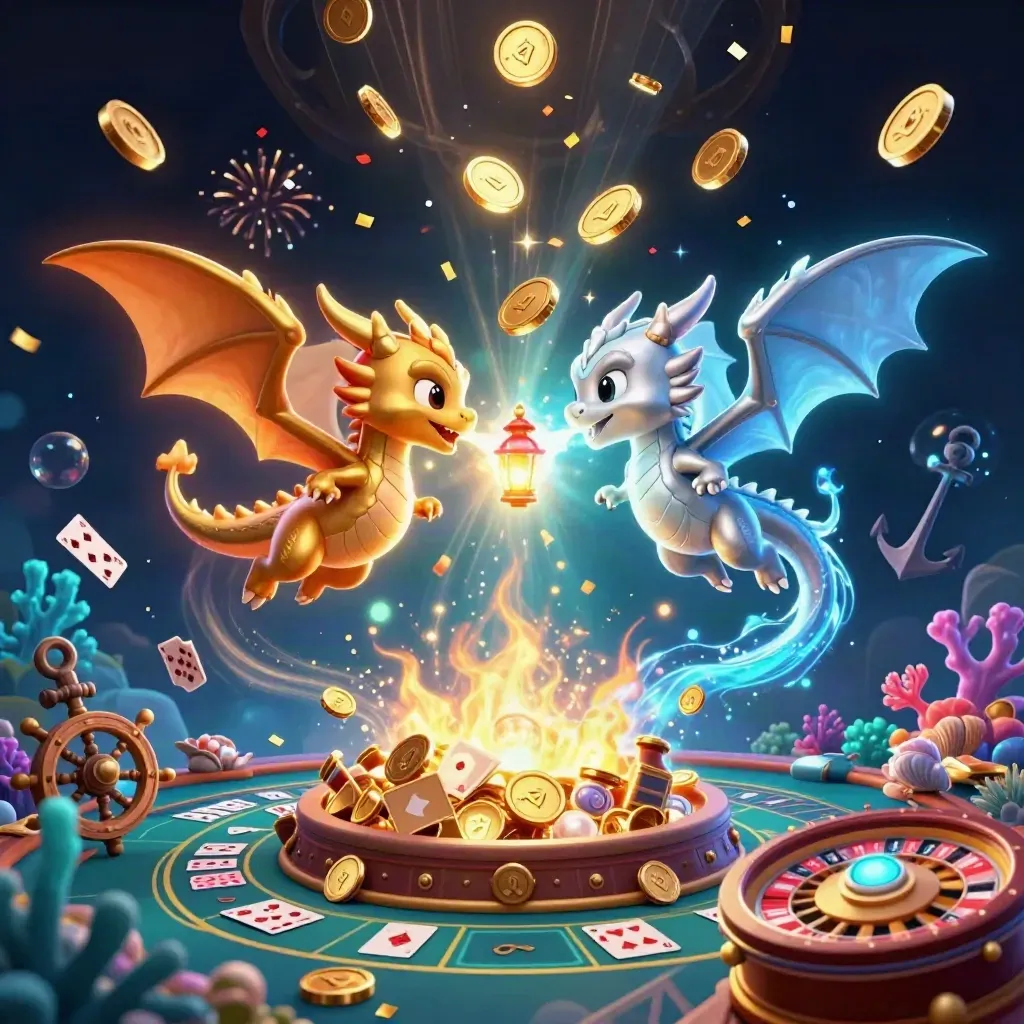 Twin gold and silver dragons with treasure, coins, fireworks, and casino elements