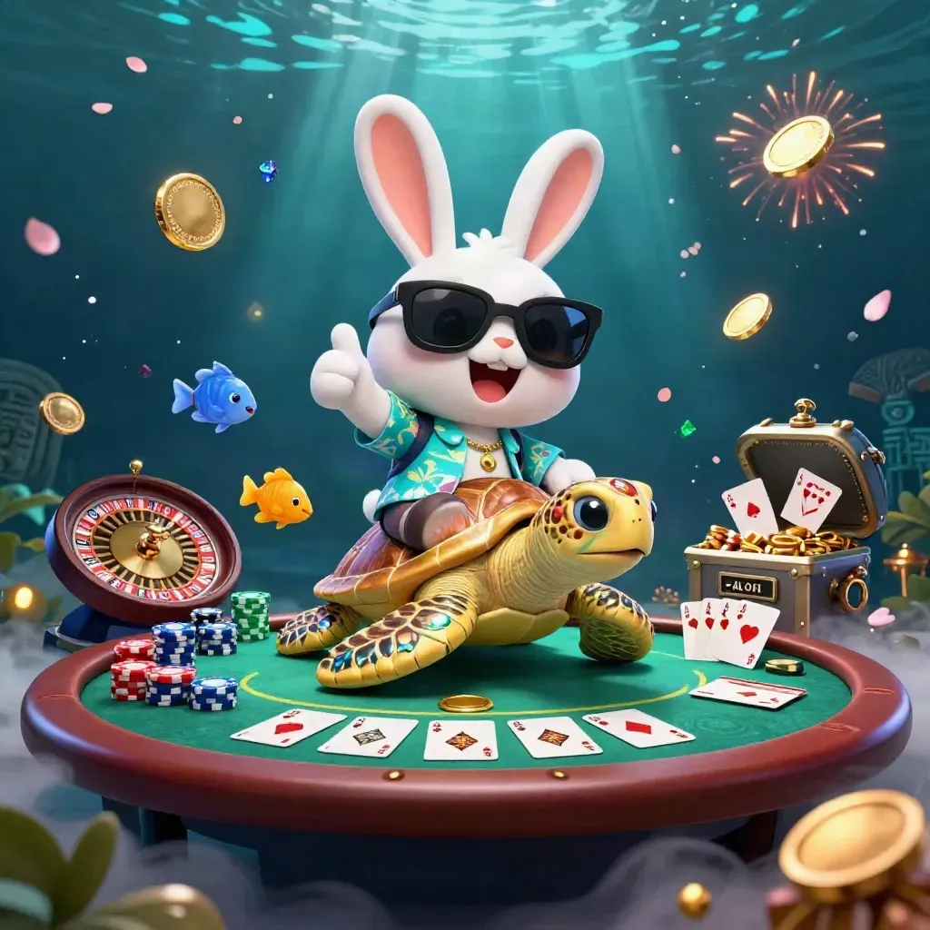 Rabbit on a gem turtle amid casino cards, coins, chips, and neon underwater glow.