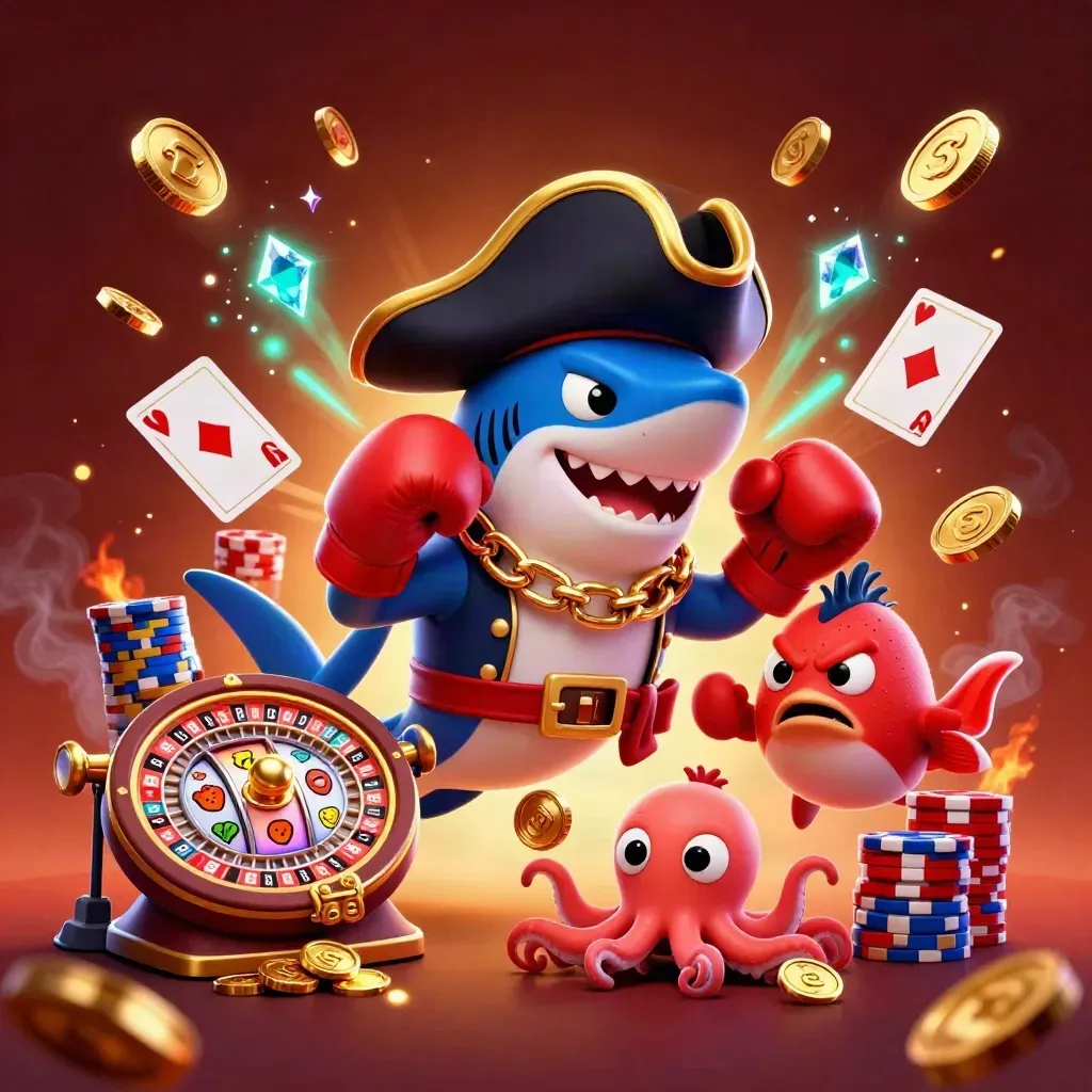 Pirate shark, boxing pufferfish, and coin-juggling octopus amid casino bursts and glowing reels.