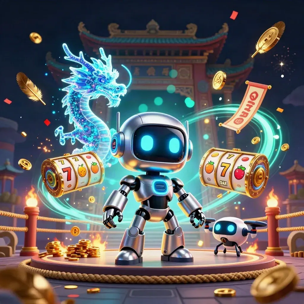 Robot, holographic dragon, and coin drone amid neon casino magic and slot symbols.