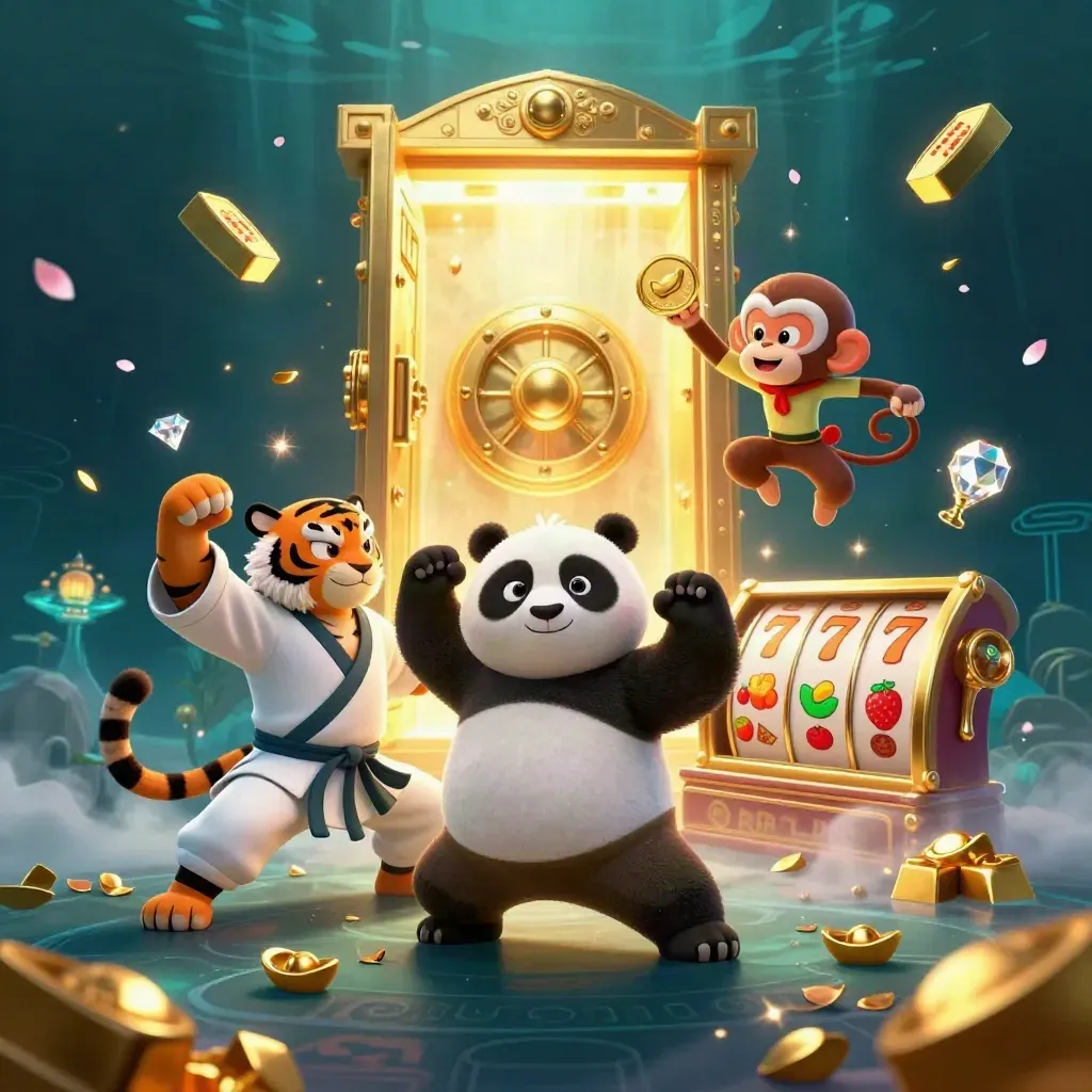 Tiger, panda, and monkey amid a glowing gold vault, gems, reels, and casino magic.