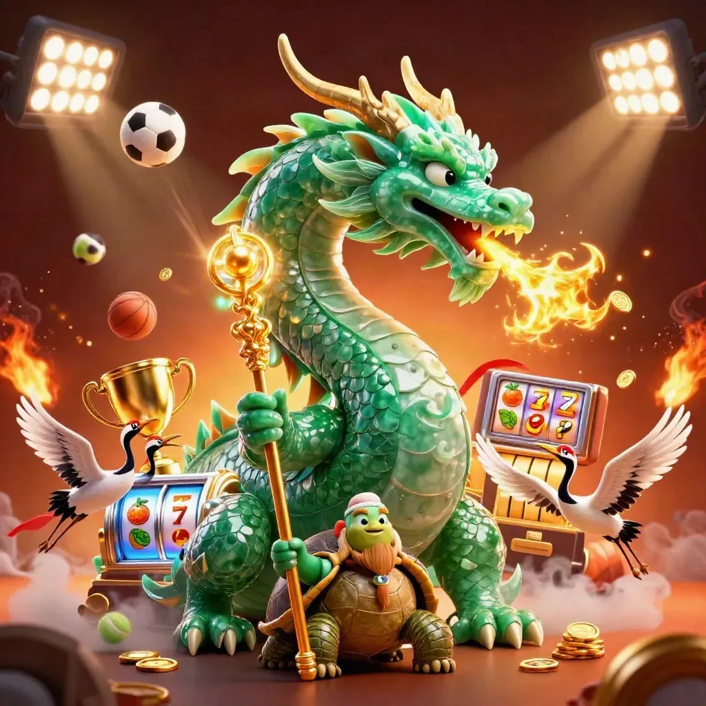 Jade dragon, turtle sage, and cranes amid gold fire, sports balls, coins, and slot reels.