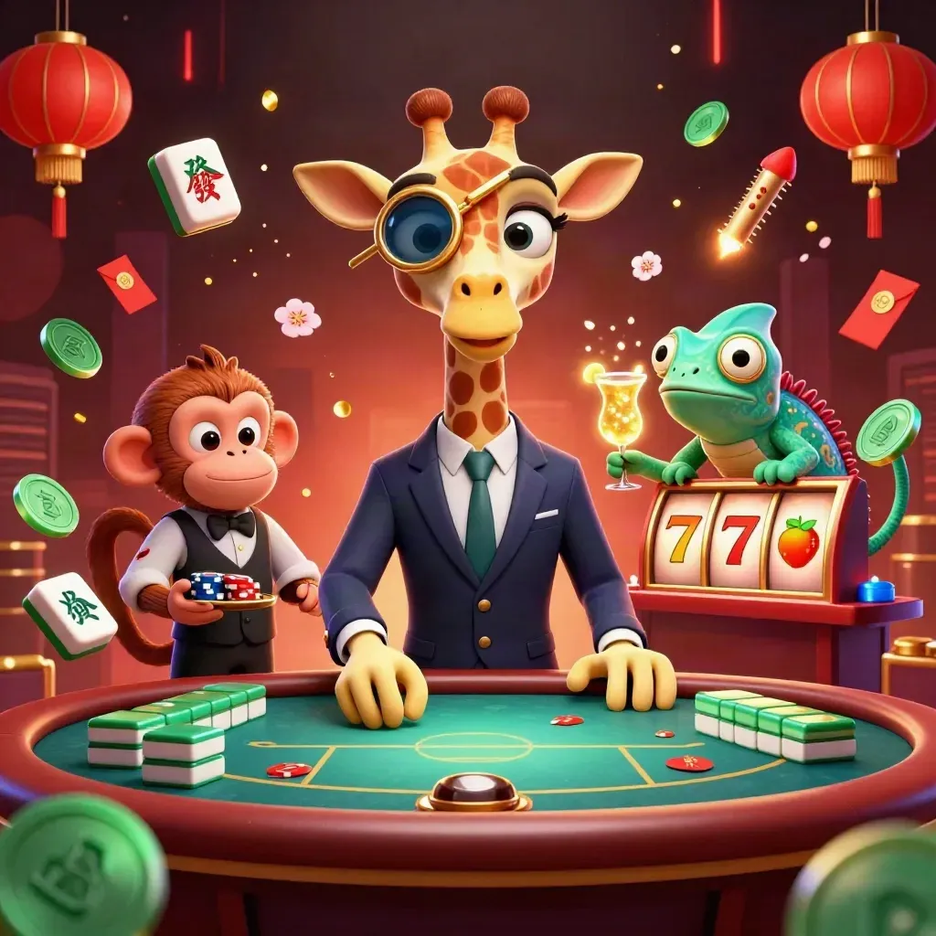 Giraffe, monkey valet, and chameleon bartender amid casino symbols and teal-gold glow.