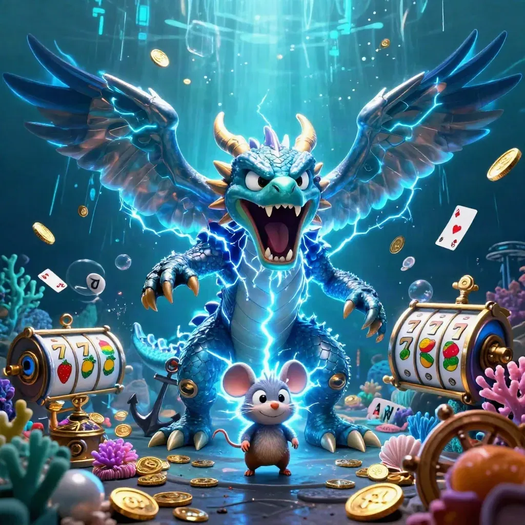 Thunder dragon, wind hawk, and static mouse in a neon underwater casino treasure cove