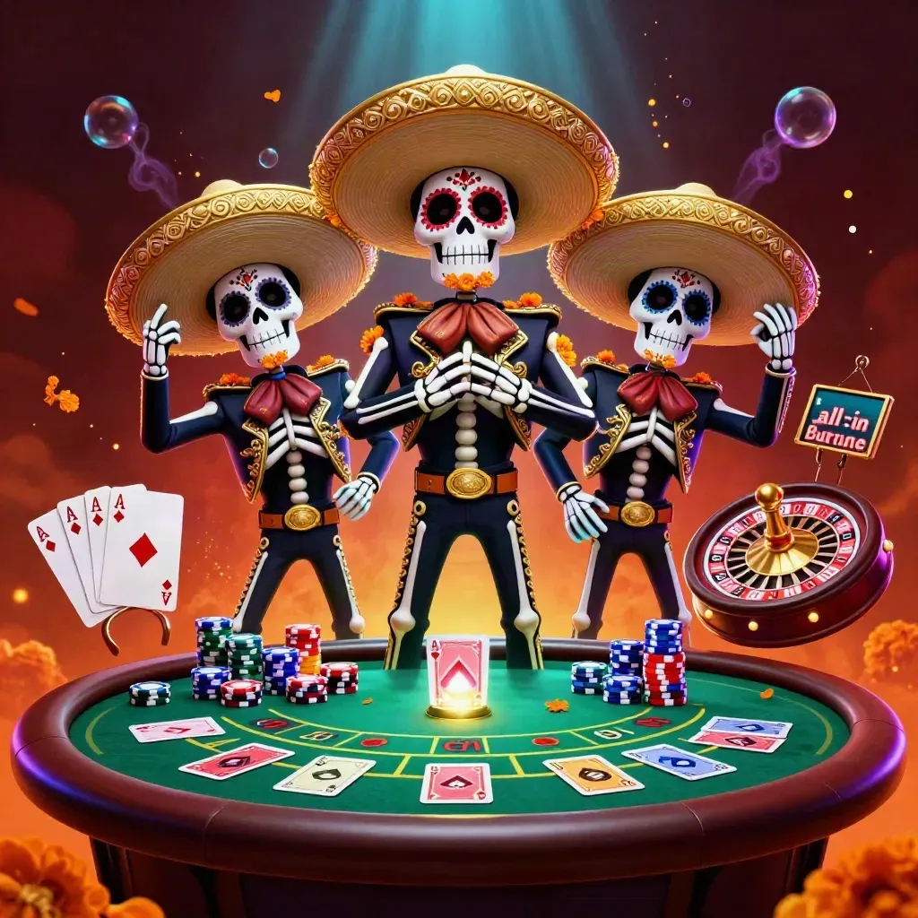 Three skeleton mariachi mascots amid casino cards, chips, roulette glow, and neon lighting.