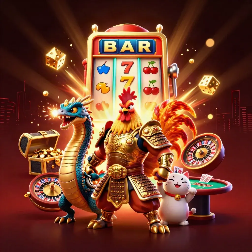 Rooster warrior, dragon hatchling, and fortune-cat amid casino loot and neon glow.